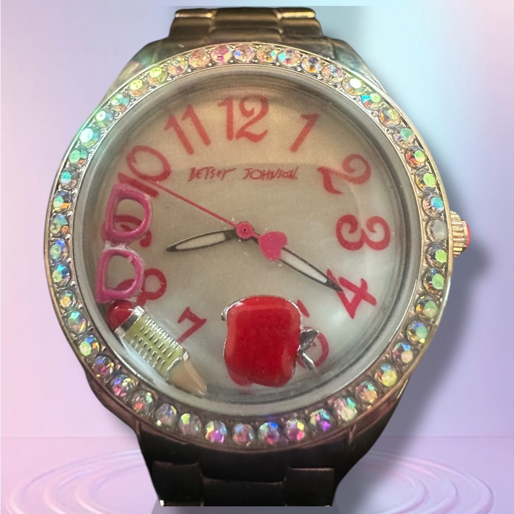 Betsey Johnson TEACHER THEMED Watch with Pink Accents Iridescent Crystals ApplE